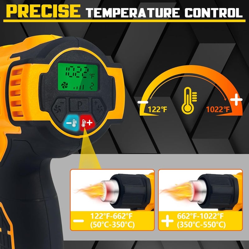 RAYLEEY Cordless Heat Gun for Dewalt 20V Battery, 122℉-1022℉ Hot Air Gun with Digital LCD Display, Adjustable Temp & Air Flow, 4 Nozzles for Crafts, Shrinking PVC, Paint Stripping (No Battery) - Image 2